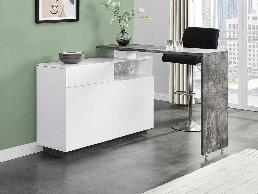 Draaibaar Barmeubel Eldir - 2 Deuren, 1 Lade En 1 Nis - Mdf - Witgelakt & Betonkleur