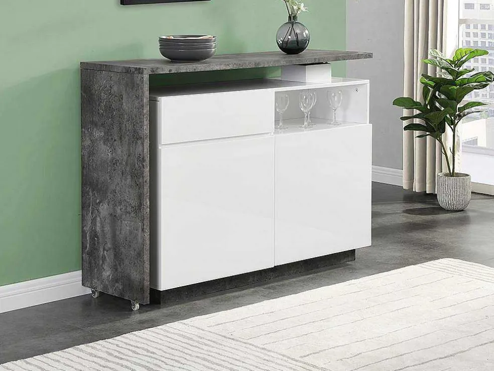 Draaibaar Barmeubel Eldir - 2 Deuren, 1 Lade En 1 Nis - Mdf - Witgelakt & Betonkleur