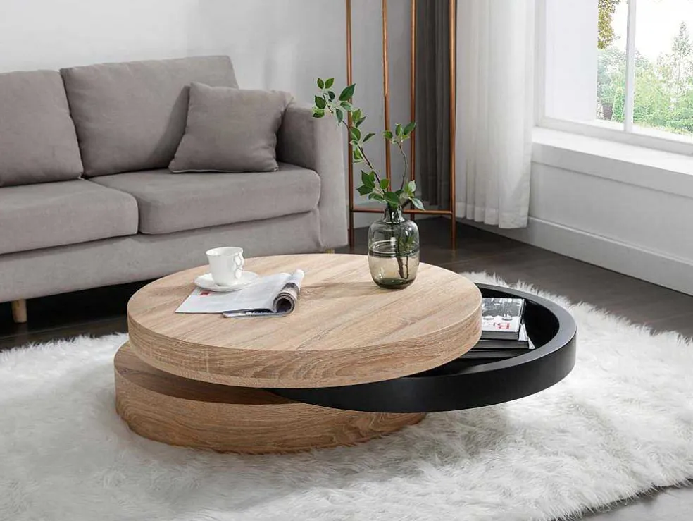 Draaibare Ronde Salontafel Met 1 Nis Van Mdf - Zwart En Licht Naturel - Janita