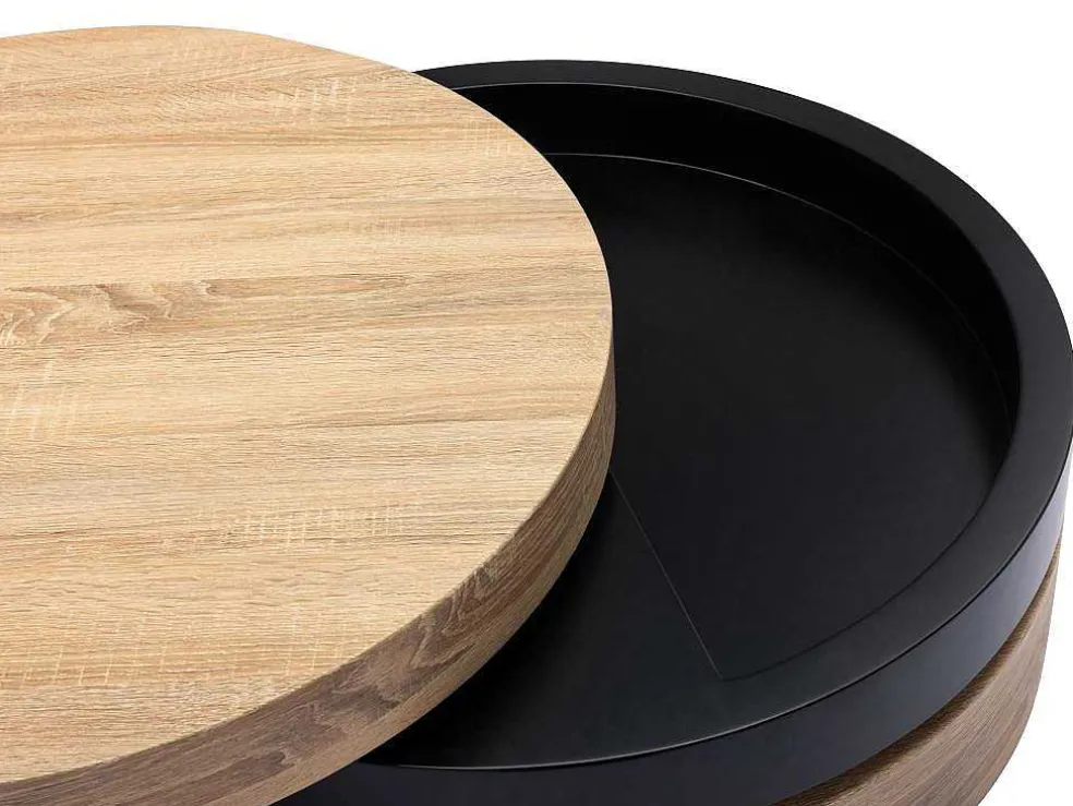 Draaibare Ronde Salontafel Met 1 Nis Van Mdf - Zwart En Licht Naturel - Janita