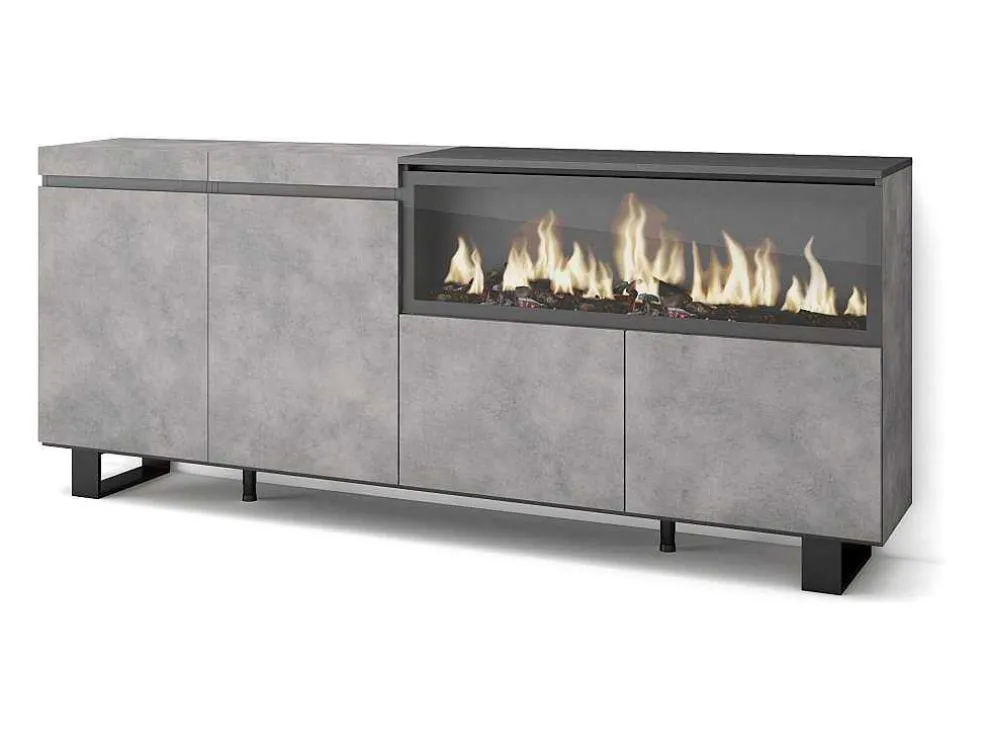Dressoir, Opbergkast, 210, 4 Deuren, Elektrische Haard Xxl, Industrieel Design, Cement