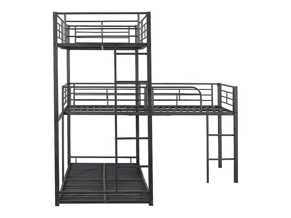 Driedubbele Stapelbedden 90 X 200 Cm - Hoge Reling En Ladder - Metaal - Zwart