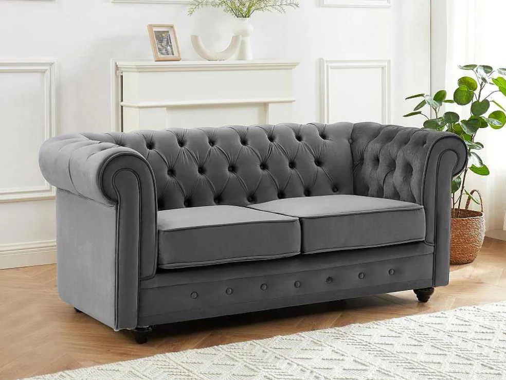 Drie- En Tweezitsbank Van Antracietkleurig Velours Chesterfield