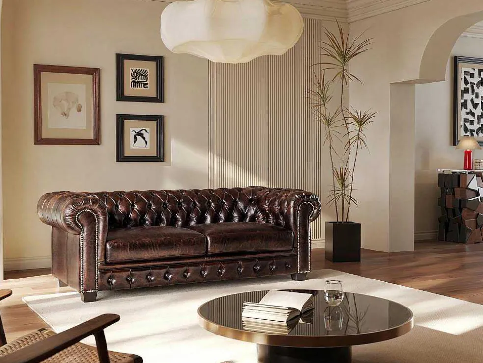 Driezitsbank Chesterfield Brenton 100% Buffelleer - Bruin Tinten