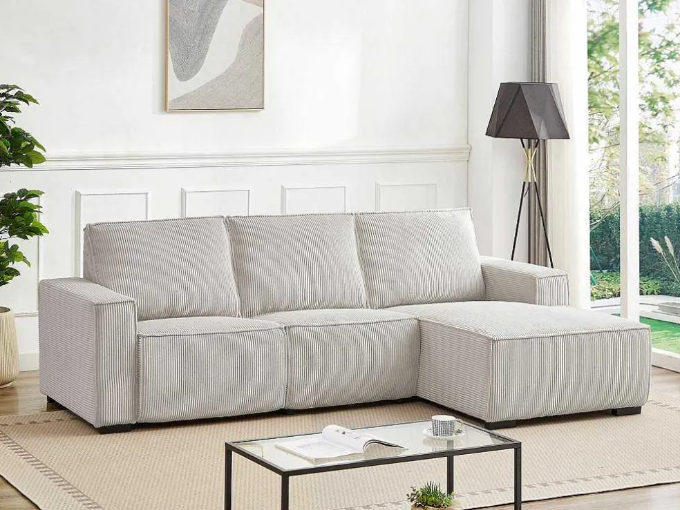 Driezitsbank En Elektrische Relaxfauteuil In Beige Ribfluweel Amelio