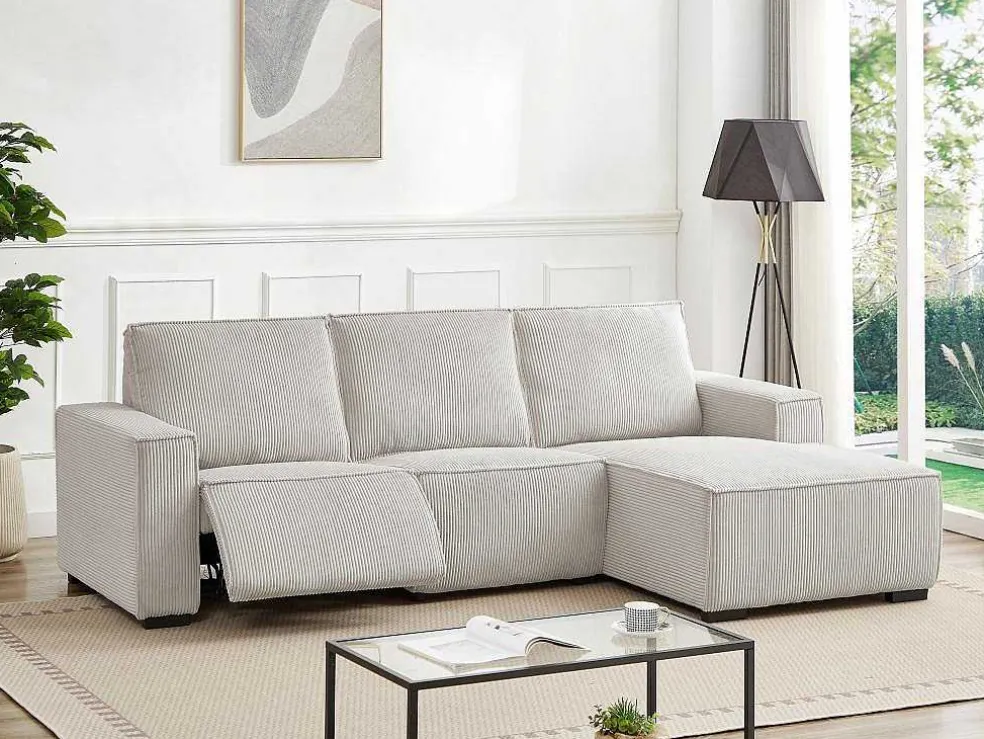 Driezitsbank En Elektrische Relaxfauteuil In Beige Ribfluweel Amelio