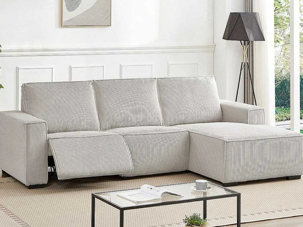 Driezitsbank En Elektrische Relaxfauteuil In Beige Ribfluweel Amelio