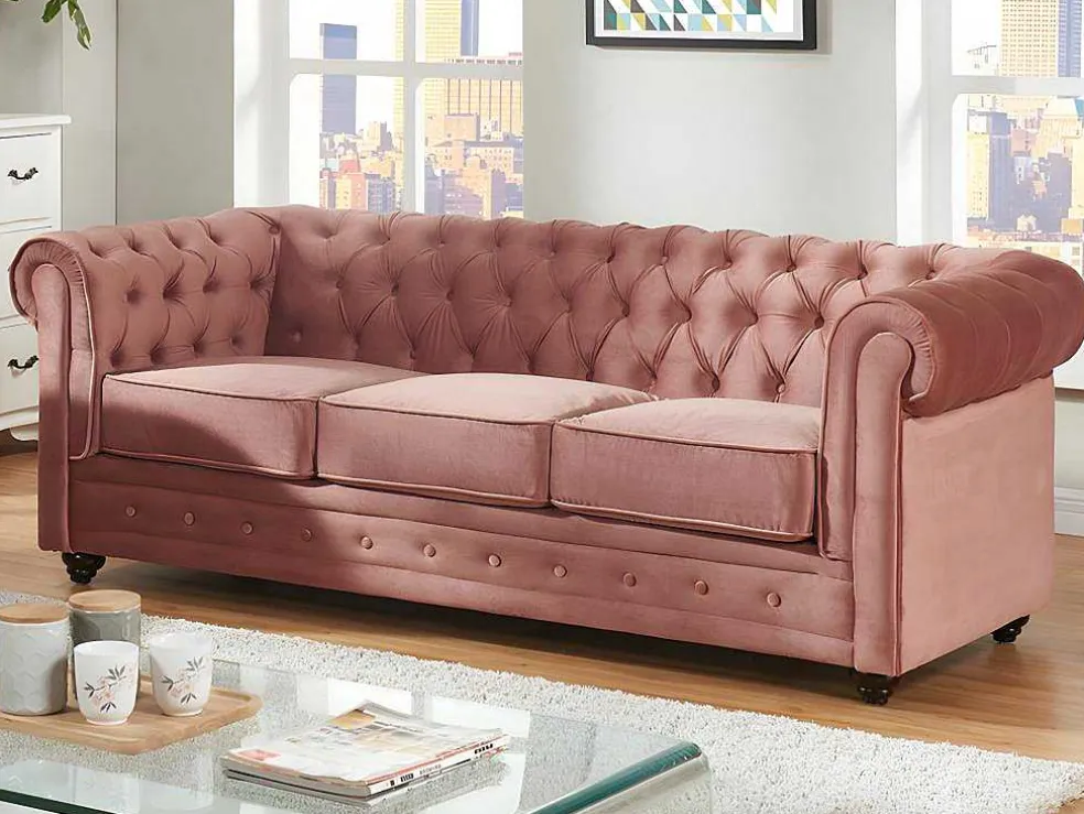 Driezitsbank En Fauteuil Chesterfield - Fluweel - Pastel Roze