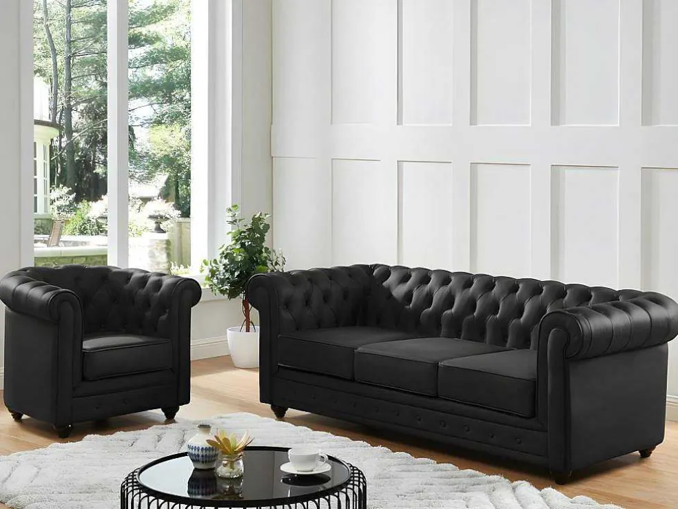 Driezitsbank Van Buffelleer Chesterfield - Zwart