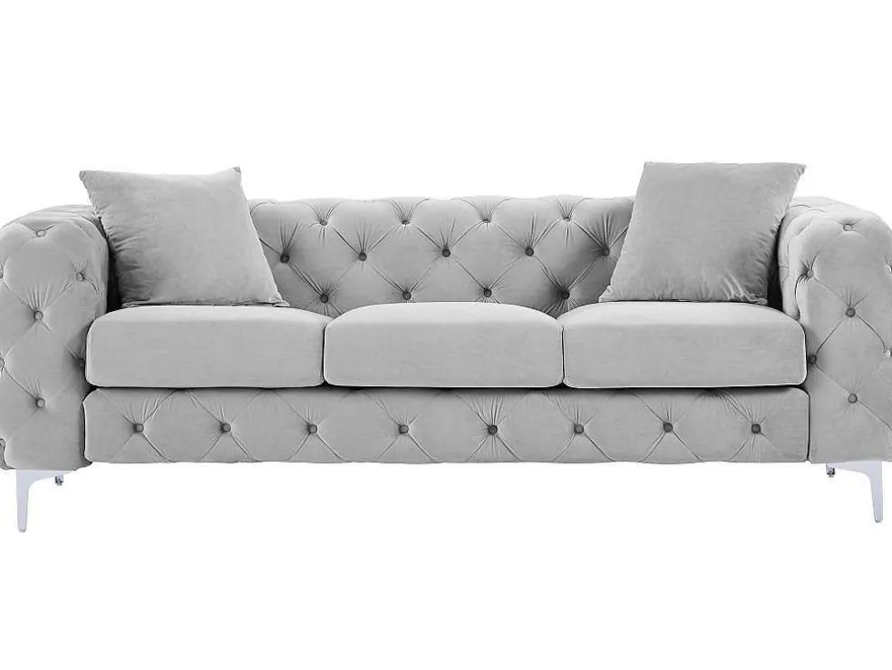 Driezits-Chesterfield-Bank Van Lichtgrijs Velours Edwina