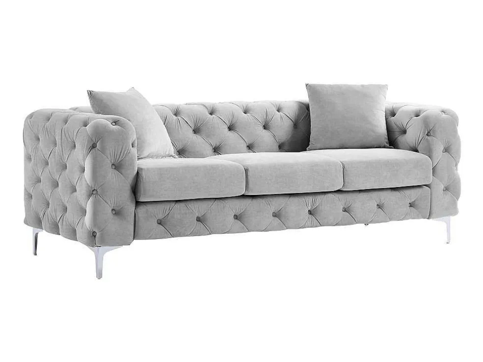 Driezits-Chesterfield-Bank Van Lichtgrijs Velours Edwina