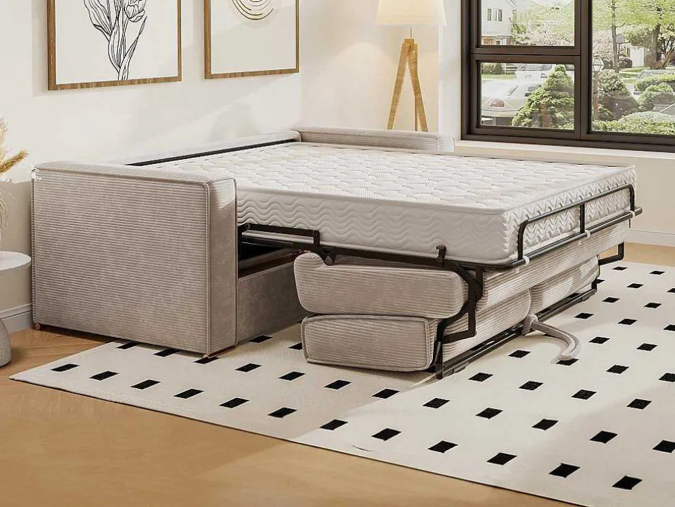 Driezits Express Slaapbank Van Ribfluweel - Beige - Loreto