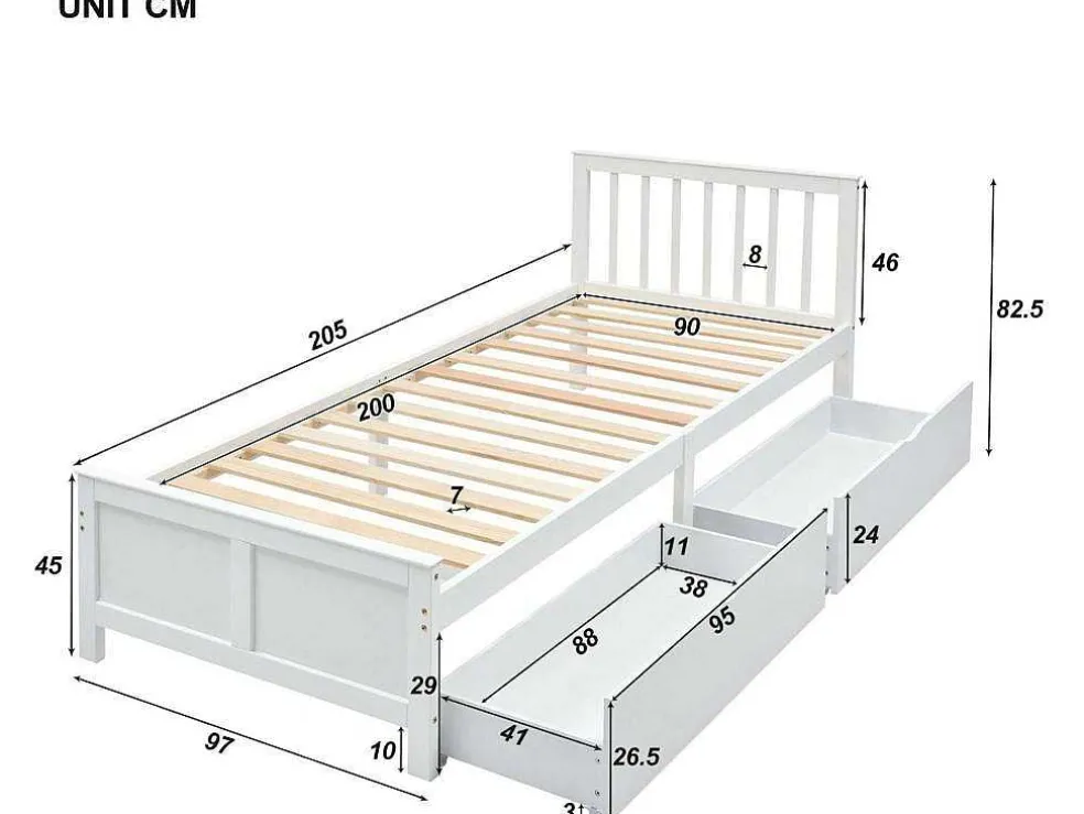 Eenpersoonsbed 90X200Cm In Massief Hout Met 2 Laden - Wit