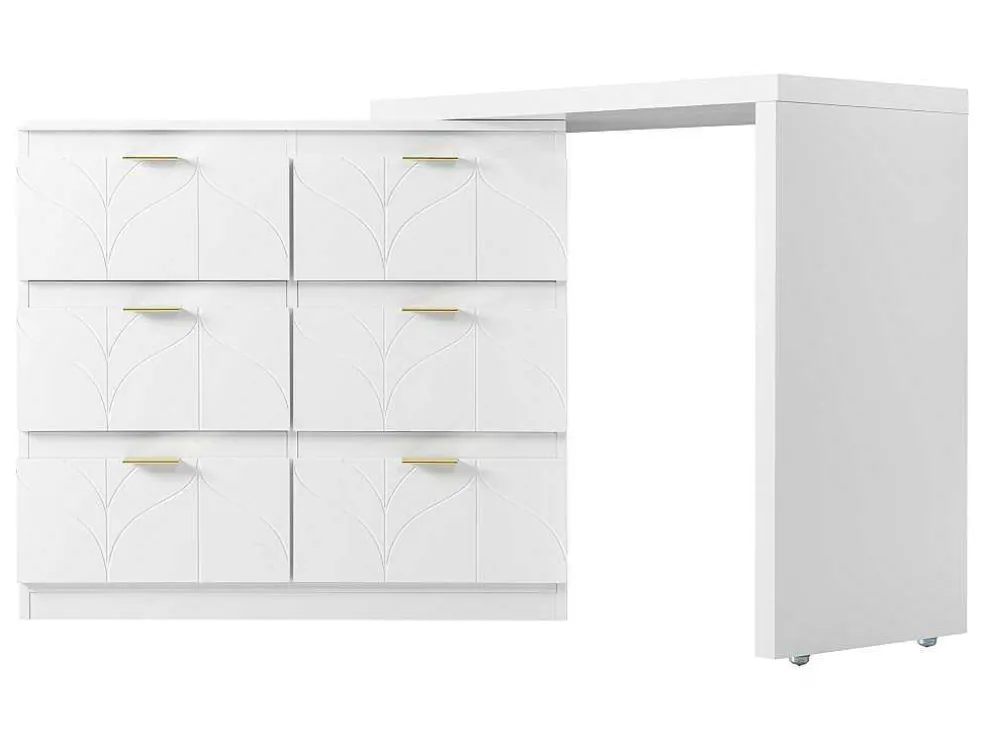 Eigentijdse Scandinavische Draaibare Kaptafel Met 6 Lades - Versierd Met Bloemmotief - Wit