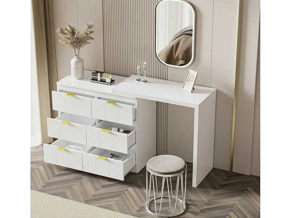 Eigentijdse Scandinavische Draaibare Kaptafel Met 6 Lades - Versierd Met Bloemmotief - Wit