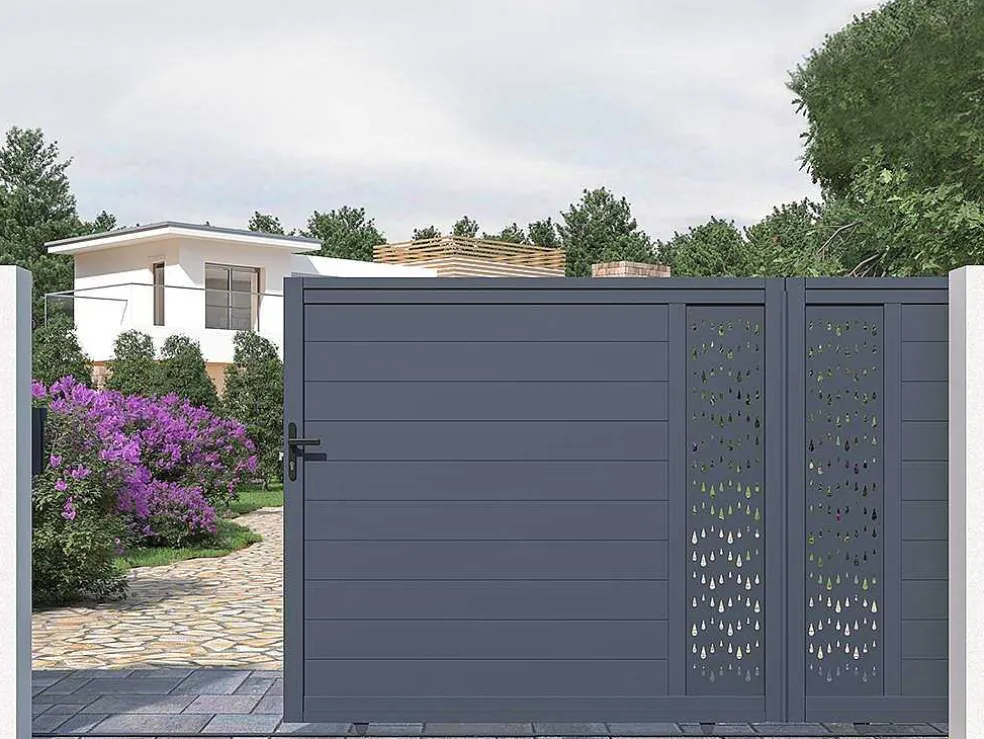 Elektrische Schuifpoort Van Aluminium Met Motieven - Halfopengewerkt - L.416 X H.180 Cm - Antraciet - Gregor