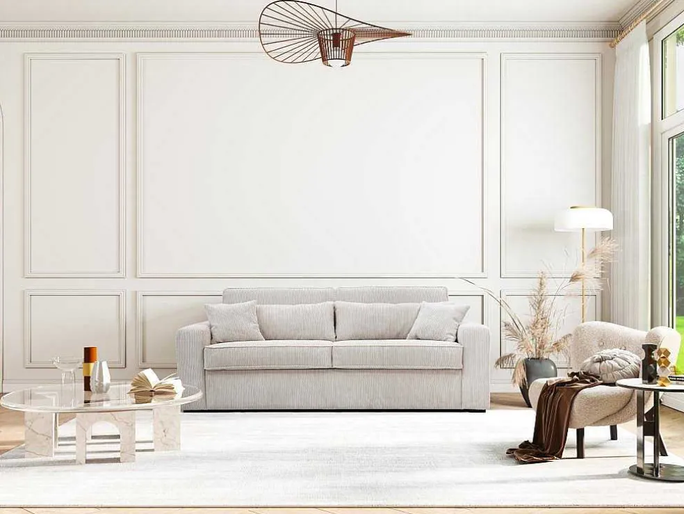 Express-Vierzitsslaapbank Van Beige Ribfluweel - Bed Met Brede Latten 160 Cm - Matras 18 Cm - Mondovi