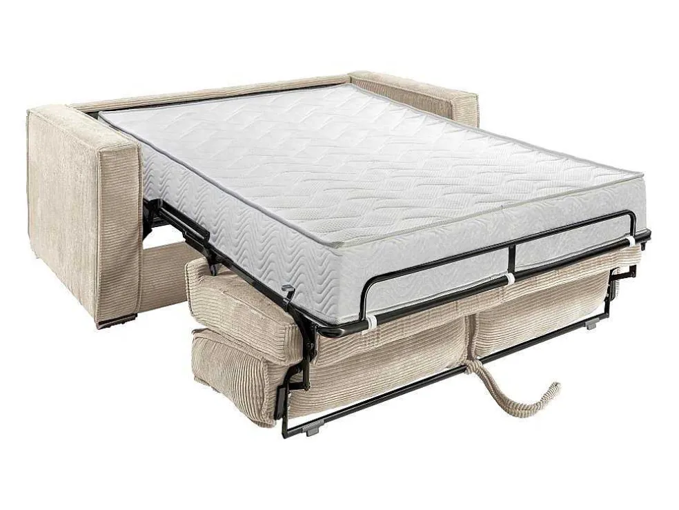 Express-Vierzitsslaapbank Van Beige Ribfluweel - Bed Met Brede Latten 160 Cm - Matras 22 Cm Loreto