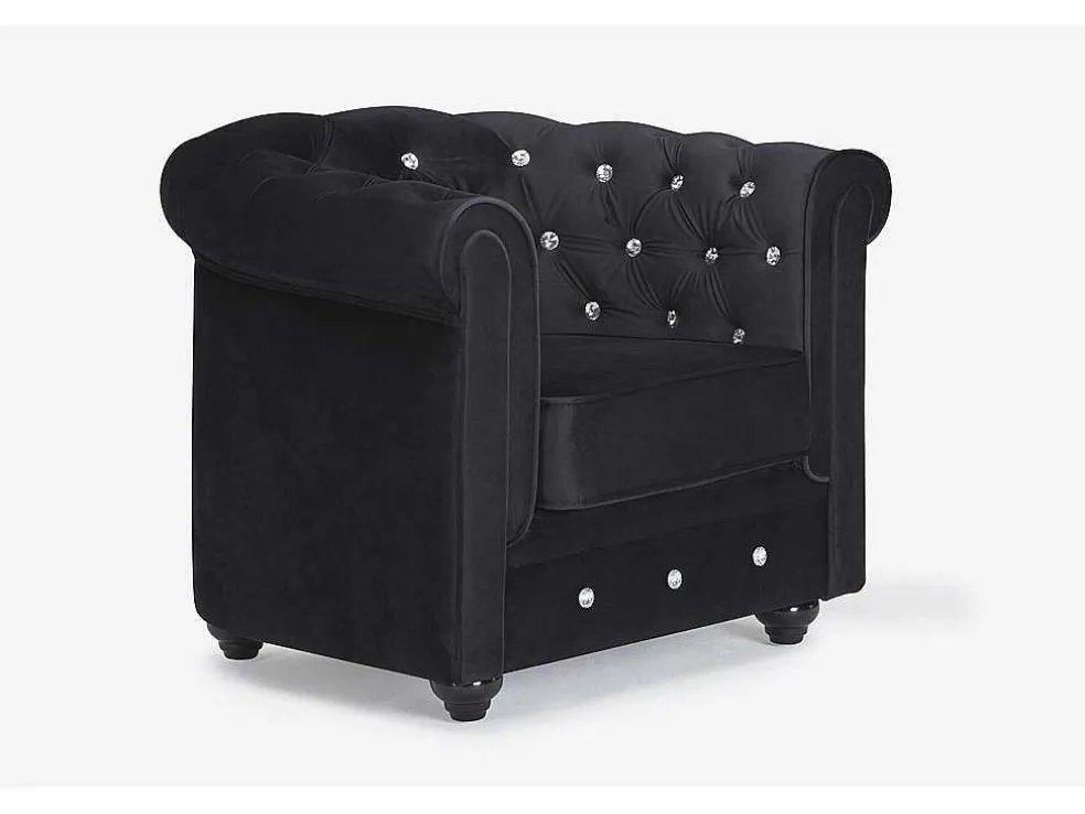 Fauteuil Chesterfield - Fluweel - Zwart Met Kristallen Knopen