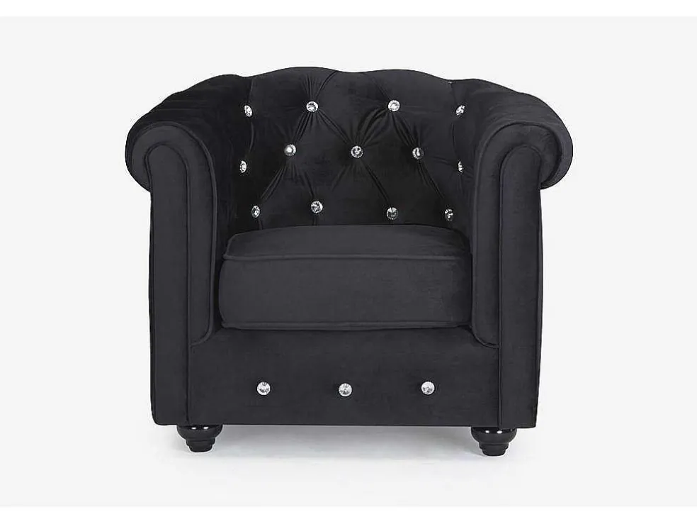 Fauteuil Chesterfield - Fluweel - Zwart Met Kristallen Knopen