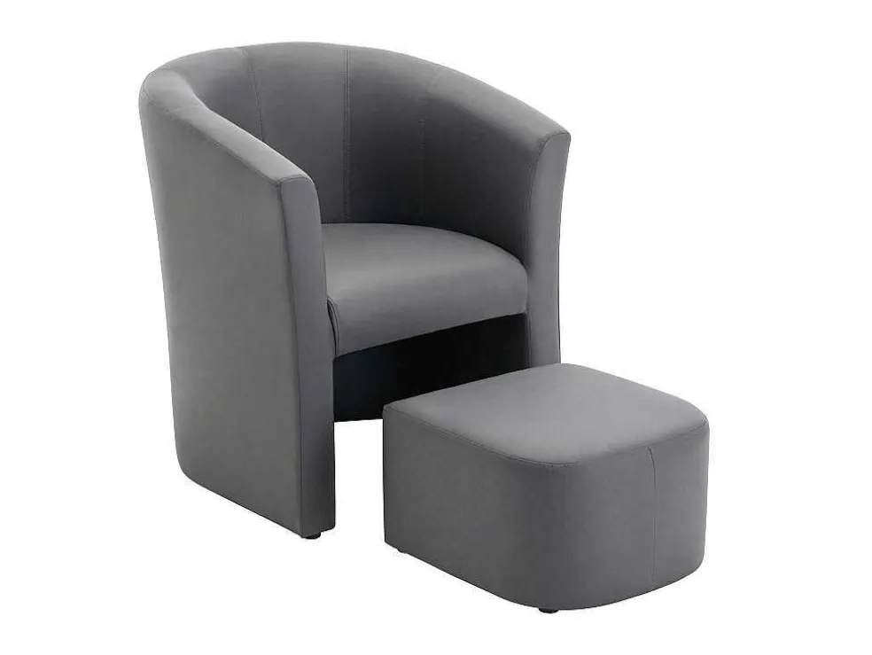 Fauteuil Met Holle Rugleuning En Poef In Grijs Kunstleer Jovana