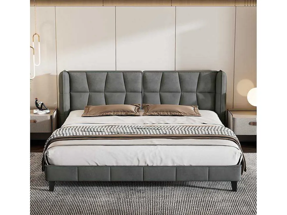 Gestoffeerd Bed 160X200Cm In Fluweel Met Lattenbodem - Grijs