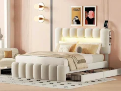 Gestoffeerd Bed 140X200Cm Met 4 Lades - Met Led + Usb Oplaadpoort + Lezer - Beige