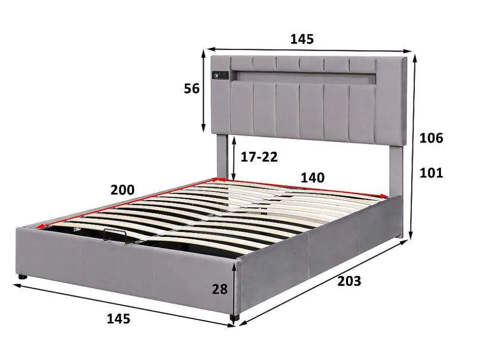 Gestoffeerd Opbergbed 140X200Cm - Fluwelen Stof - Met Led En Bluetooth Speler - Grijs