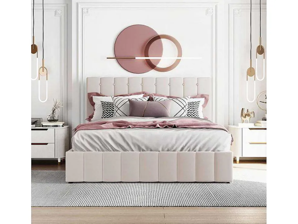 Gestoffeerd Opbergbed - 140X200Cm - Stof Fluweel - Beige
