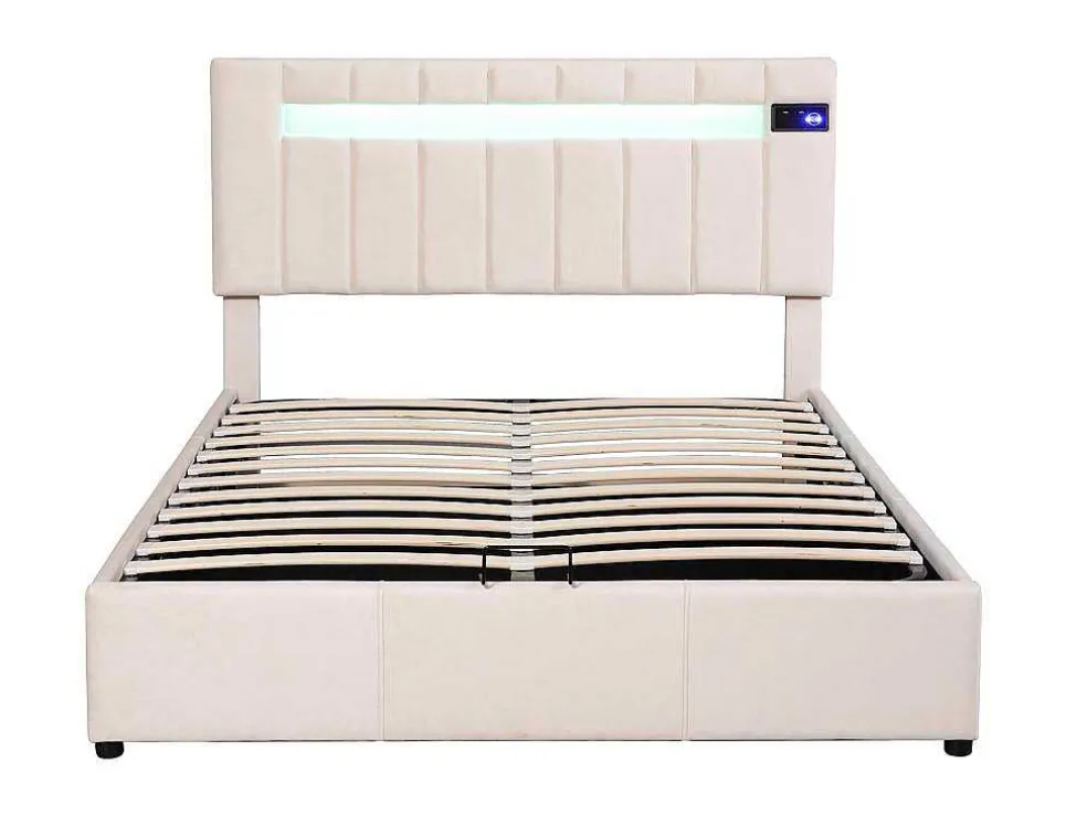 Gestoffeerd Opbergbed 140X200Cm - Stof Fluweel - Met Led En Bluetooth Speler - Beige