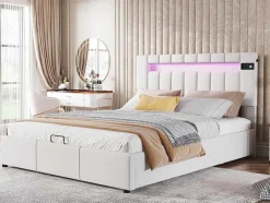 Gestoffeerd Opbergbed 140X200Cm - Stof Fluweel - Met Led En Bluetooth Speler - Beige