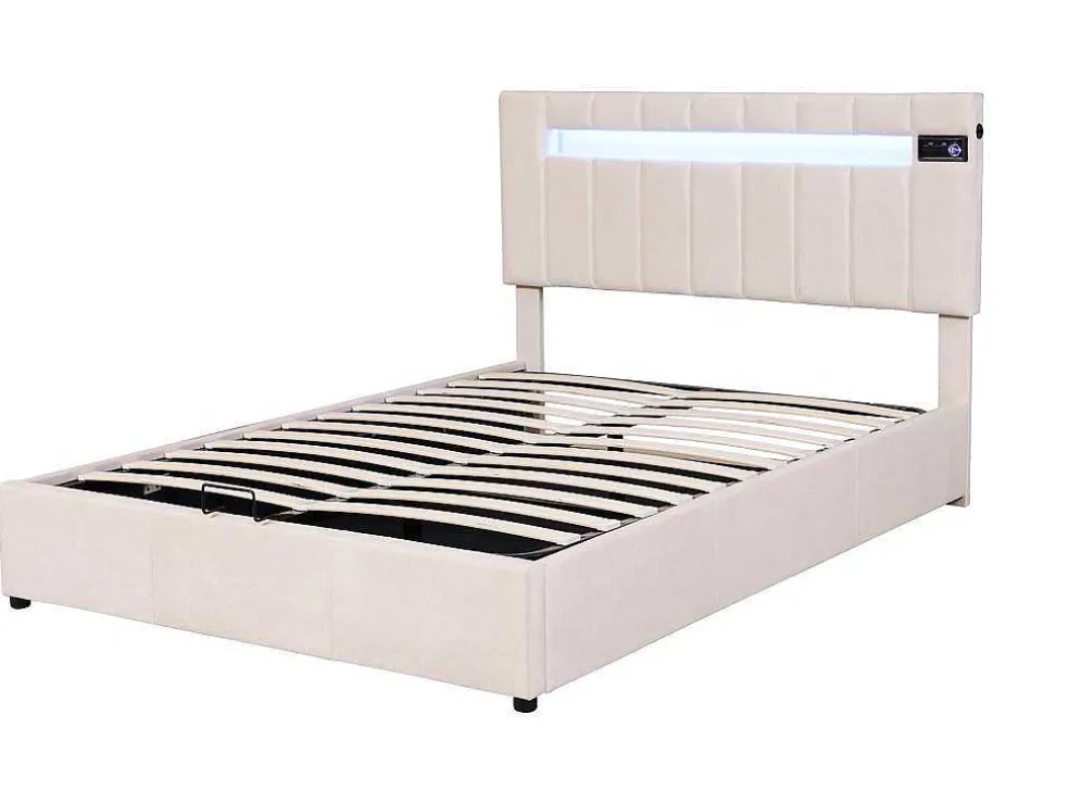 Gestoffeerd Opbergbed 140X200Cm - Stof Fluweel - Met Led En Bluetooth Speler - Beige