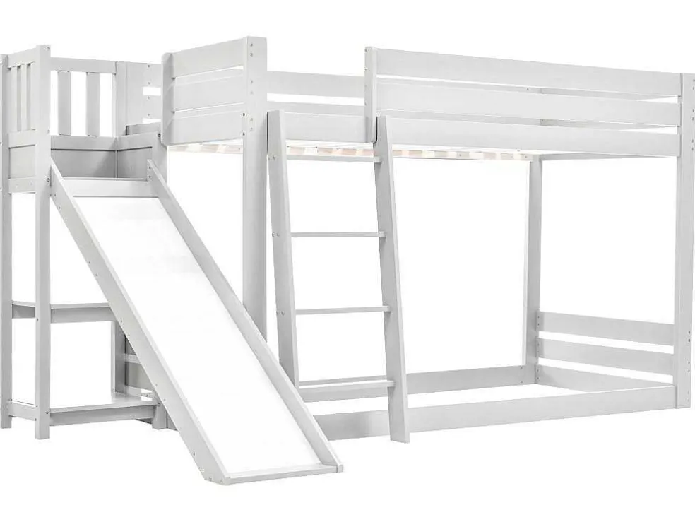 Grenen Stapelbed Met Plank En Glijbaan + Lattenbodem - 90X200Cm - Wit