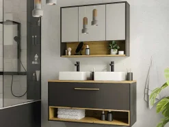 Hangend Badkamermeubel Met Dubbele Wastafel En Spiegelkast - Antraciet - 120 Cm - Yangra