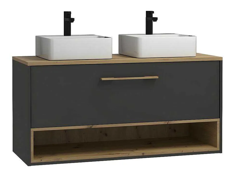 Hangend Badkamermeubel Met Dubbele Wastafel En Spiegelkast - Antraciet - 120 Cm - Yangra