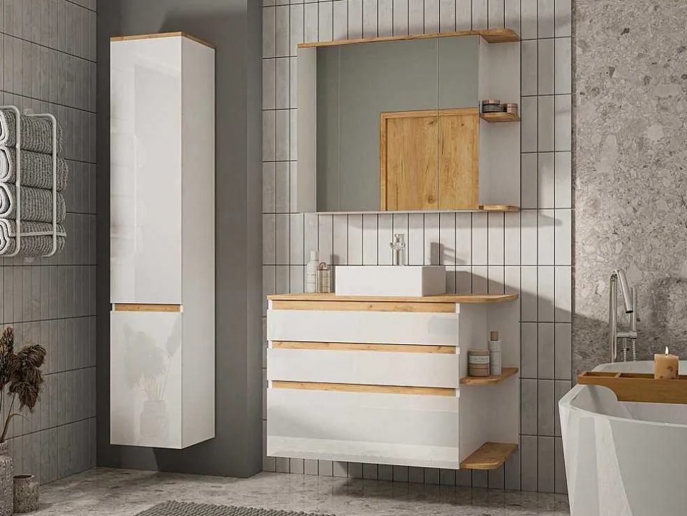 Hangend Badkamermeubel Met Wastafel - Naturel En Wit - 96 Cm - Anida