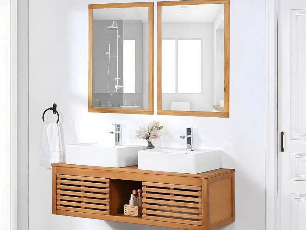 Hangend Badkamermeubel Van Acaciahout Met Dubbele Wastafel En Spiegels - 130 Cm - Penebel