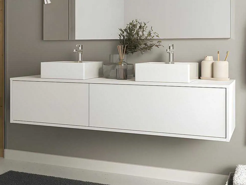 Hangend Badkamermeubel Wit Met Dubbele Wastafel - L150 Cm - Isaure Ii