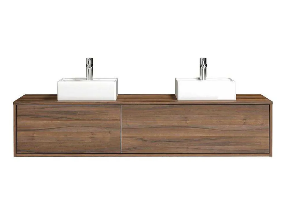 Hangend Badmeubel Met Donker Natuurlijke Kleur En Dubbele Wastafel - L150 Cm - Isaure Ii