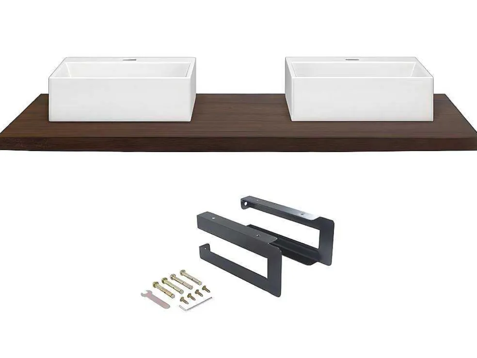Hangend Bureau Van Donker Teakhout Met Zwarte Beugels En Dubbele Wastafel - 150 X 50 Cm - Sukawati