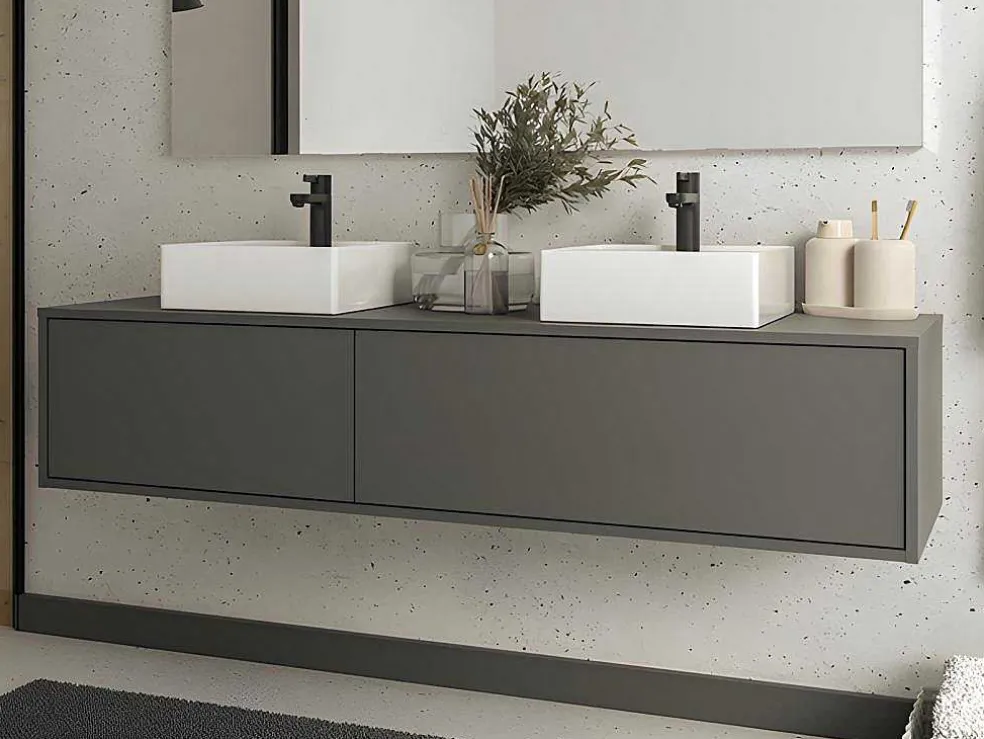 Hangende Badkamermeubel In Antracietgrijze Kleur Met Dubbele Wastafel - L150 Cm - Isaure Ii