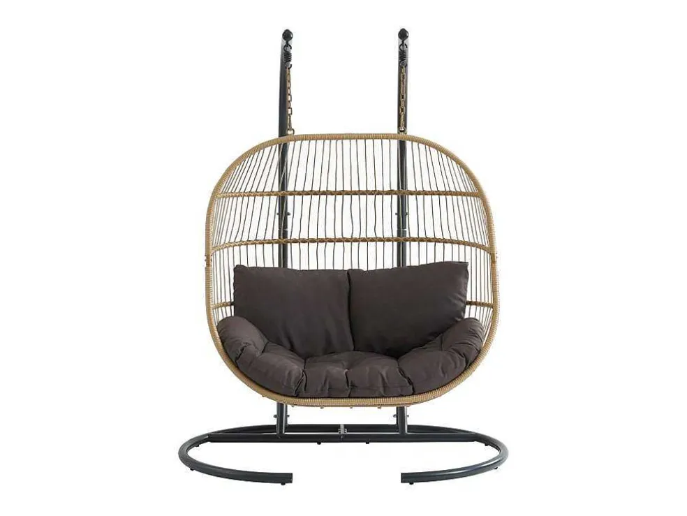Hangfauteuil Voor 2 Personen Van Gevlochten Hars - Licht Naturel Met Antracietgrijs Kussen - Lissandra Van Mylia