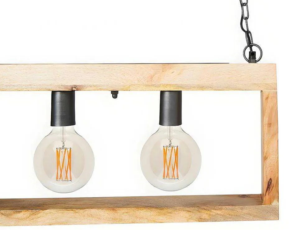 Hanglamp In Industriele Stijl Olius - Hout En Metaal - 4 Lampen - H31 X L100 Cm - Naturel En Zwart