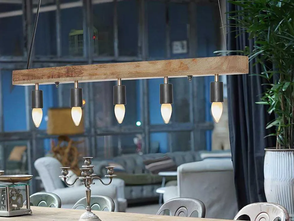 Hanglamp Van Hout Julbo Met 5 Lampen In Industriele Stijl - Hout En Metaal - H17,5 X L100 Cm - Naturel En Zwart