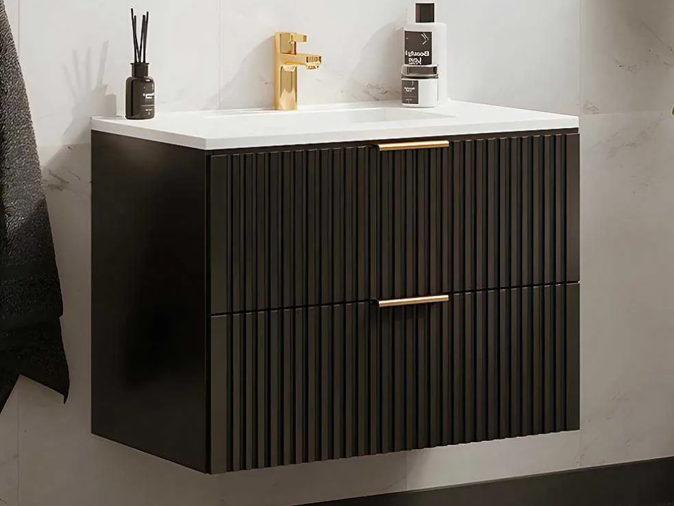 Hangmeubel Voor Badkamer Met Strepen Met Inbouwwastafel - Zwart - 80 Cm - Zevara