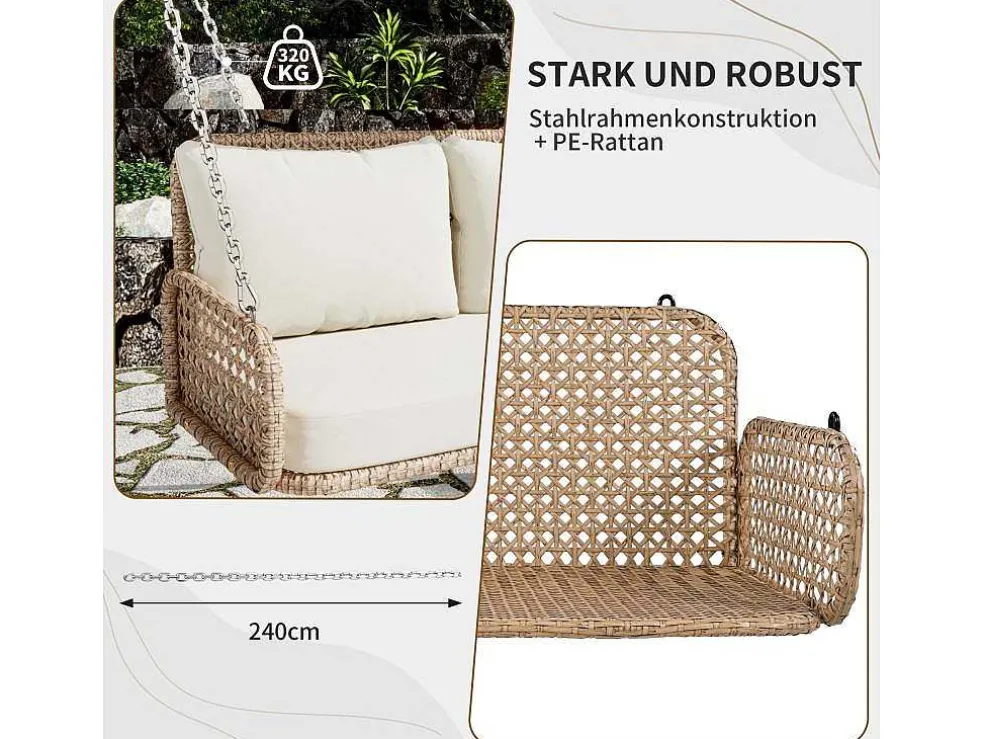 Hangstoel Van 240 Cm In Pe Rotan - 2 Plaatsen - Inclusief Kussens - Beige
