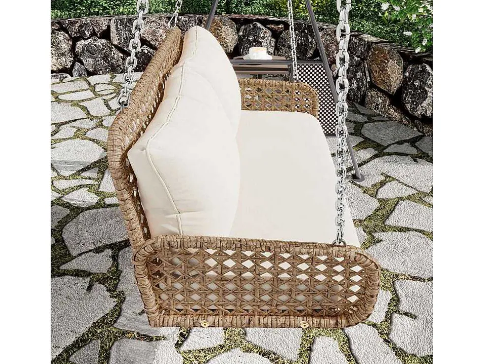 Hangstoel Van 240 Cm In Pe Rotan - 2 Plaatsen - Inclusief Kussens - Beige
