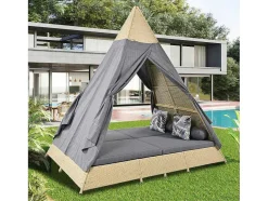 Hemel Tuinbed 2 Tot 4 Plaatsen - Beige Rotan En Grijs Deurgordijn - Inclusief Kussens - Voor Buiten
