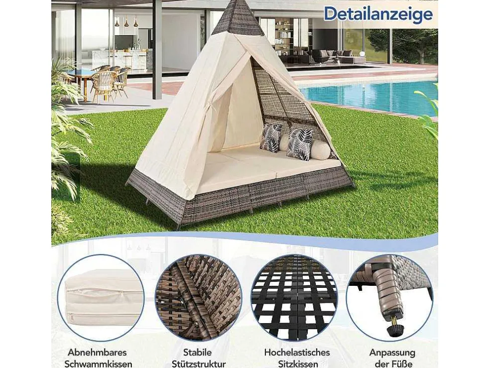 Hemel Tuinbed 2 Tot 4 Plaatsen - Grijs Rotan En Beige Deurgordijn - Inclusief Kussens - Voor Buiten