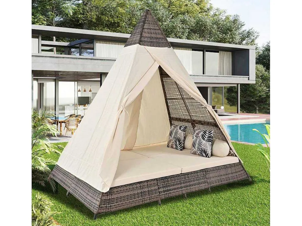 Hemel Tuinbed 2 Tot 4 Plaatsen - Grijs Rotan En Beige Deurgordijn - Inclusief Kussens - Voor Buiten